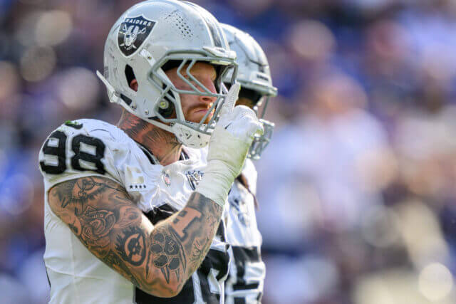 Sep 15, 2024; Baltimore, Maryland, USA; Las Vegas Raiders defensive end Maxx Crosby (98) celebrates after a sack during the second half against the Baltimore Ravens at M&T Bank Stadium. Mandatory Credit: Reggie Hildred-Imagn Images Maxx Crosby, Raiders