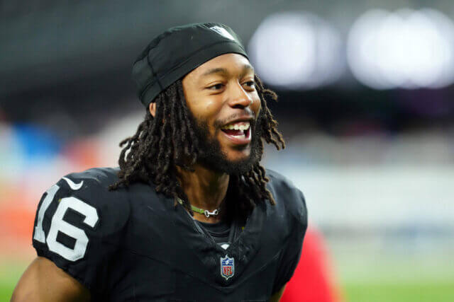Dec 14, 2023; Paradise, Nevada, USA; Las Vegas Raiders wide receiver Jakobi Meyers (16) smiles after the game against the Los Angeles Chargers at Allegiant Stadium. Mandatory Credit: Stephen R. Sylvanie-USA TODAY Sports Jakobi Meyers, Raiders