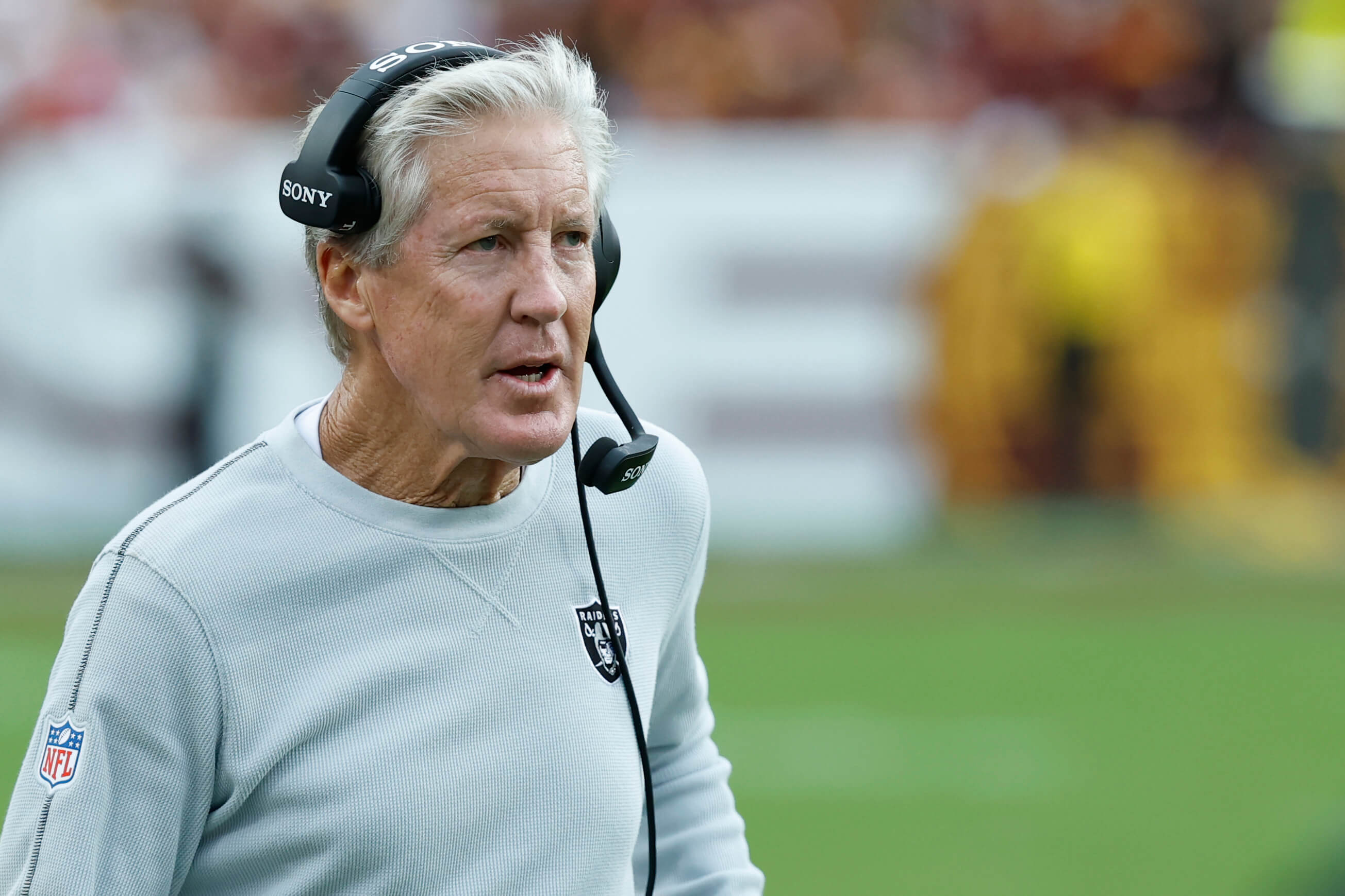 Sep 21, 2025; Landover, Maryland, USA; Las Vegas Raiders head coach Pete Carroll stands on the sidelines against the Washington Commanders during the third quarter at Northwest Stadium. Mandatory Credit: Geoff Burke-Imagn Images Pete Carroll, Raiders