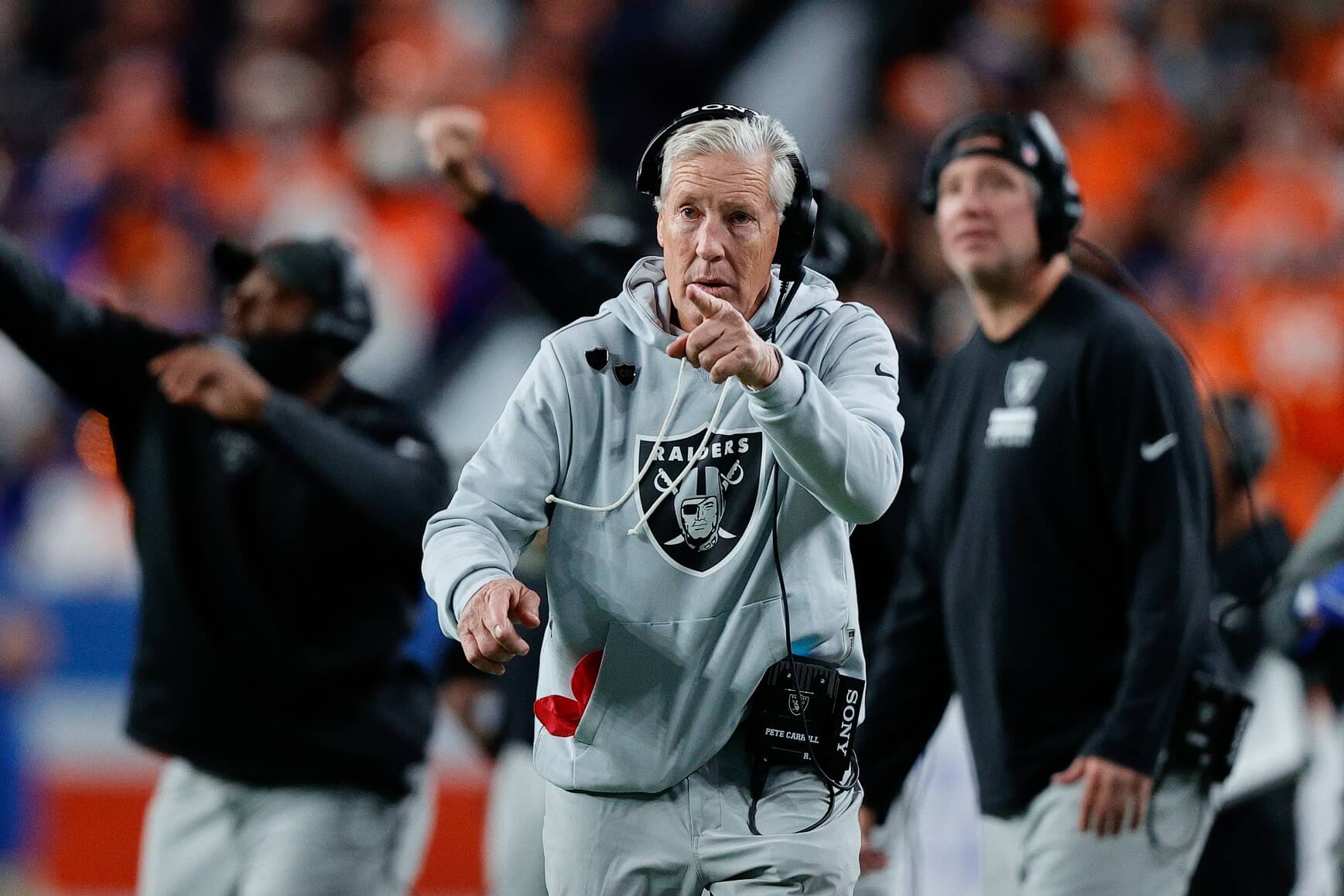Nov 6, 2025; Denver, Colorado, USA; Las Vegas Raiders head coach Pete Carroll gestures in the fourth quarter against the Denver Broncos at Empower Field at Mile High. Mandatory Credit: Isaiah J. Downing-Imagn Images