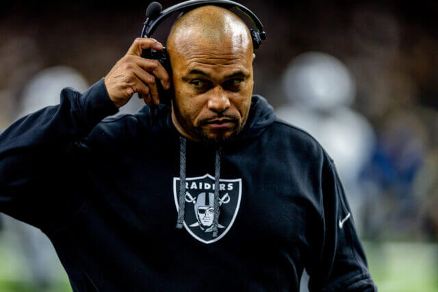 Dec 29, 2024; New Orleans, Louisiana, USA; Las Vegas Raiders head coach Antonio Pierce looks on against the New Orleans Saints during the second half at Caesars Superdome. Mandatory Credit: Stephen Lew-Imagn Images Antonio Pierce, Raiders
