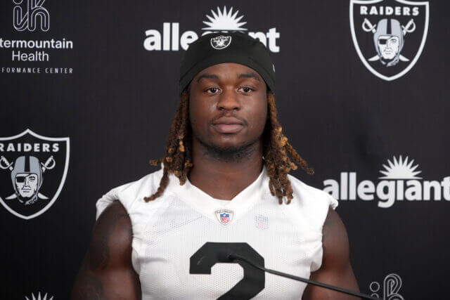 Jul 24, 2025; Henderson, NV, USA; Las Vegas Raiders running back Ashton Jeanty (2) during training camp press conference at the Intermountain Healthcare Performance Center. Mandatory Credit: Kirby Lee-Imagn Images Ashton Jeanty, Raiders