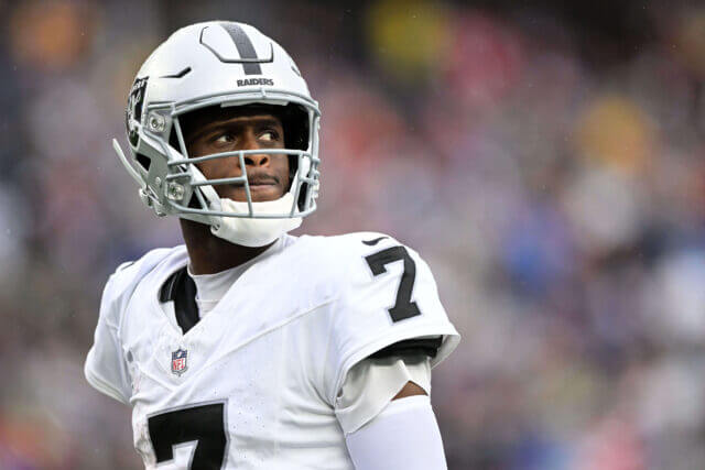 Sep 7, 2025; Foxborough, Massachusetts, USA; Las Vegas Raiders quarterback Geno Smith (7) reacts against the New England Patriots during the second half at Gillette Stadium. Mandatory Credit: Brian Fluharty-Imagn Images Geno Smith, Raiders