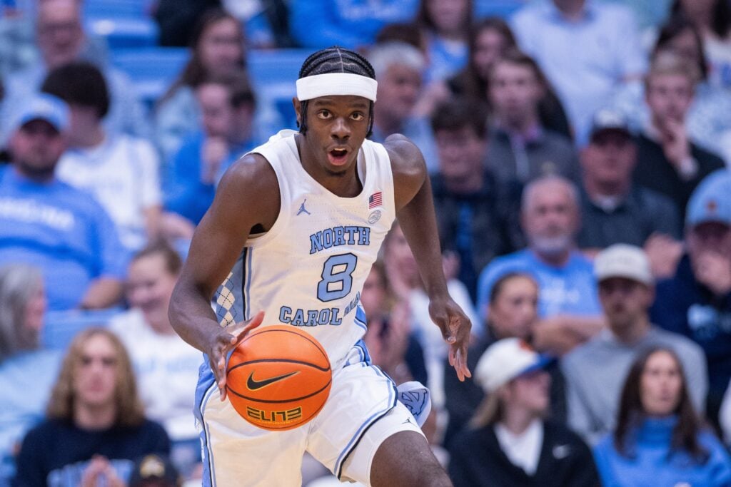  North Carolina Tar Heels forward Caleb Wilson (8) brings the ball up court against the East Carolina Pirates during the second half at Dean E. Smith Center.