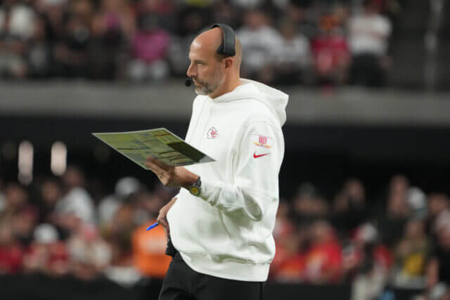 Oct 27, 2024; Paradise, Nevada, USA; Kansas City Chiefs offensive coordinator Matt Nagy watches from the sidelines against the Las Vegas Raiders in the second half at Allegiant Stadium. Mandatory Credit: Kirby Lee-Imagn Images Matt Nagy, Chiefs, Raiders