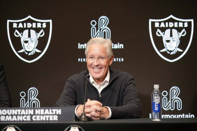 Jan 27, 2025; Las Vegas, NV, USA; Las Vegas Raiders coach Pete Carroll at press conference at Intermountain Health Performance Center. Mandatory Credit: Kirby Lee-Imagn Images Pete Carroll, Raiders