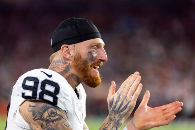 Aug 23, 2025; Glendale, Arizona, USA; Las Vegas Raiders defensive end Maxx Crosby (98) against the Arizona Cardinals during a preseason NFL game at State Farm Stadium. Mandatory Credit: Mark J. Rebilas-Imagn Images Maxx Crosby, Raiders