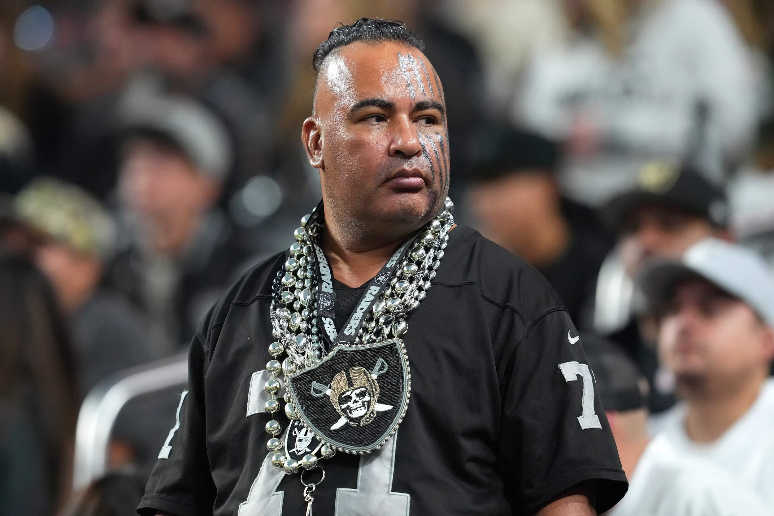 Nov 23, 2025; Paradise, Nevada, USA; A Las Vegas Raiders fan reacts after the Raiders were defeated by the Cleveland Browns 24-10 at Allegiant Stadium. Mandatory Credit: Stephen R. Sylvanie-Imagn Images Raiders