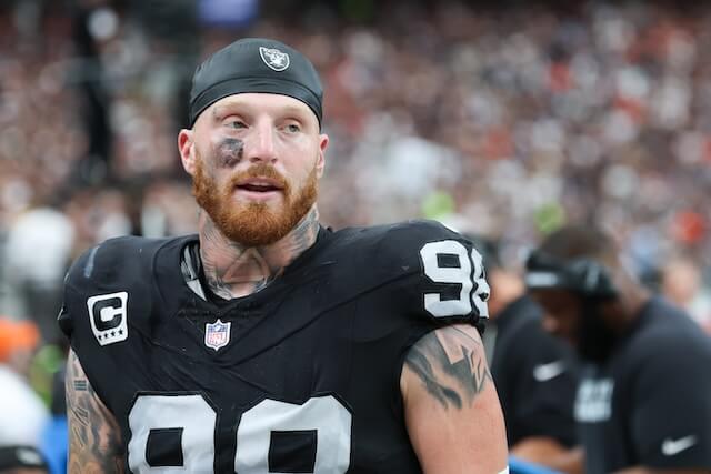 Sep 28, 2025; Paradise, Nevada, USA; Las Vegas Raiders defensive end Maxx Crosby (98) looks on from the sideline during the first quarter against the Chicago Bears at Allegiant Stadium. Mandatory Credit: Kiyoshi Mio-Imagn Images Maxx Crosby, Raiders
