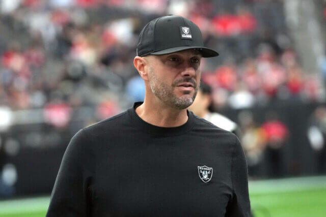 Jan 4, 2026; Paradise, Nevada, USA; Las Vegas Raiders general manager John Spytek reacts during the game against the Kansas City Chiefs at Allegiant Stadium. Mandatory Credit: Kirby Lee-Imagn Images John Spytek, Raiders