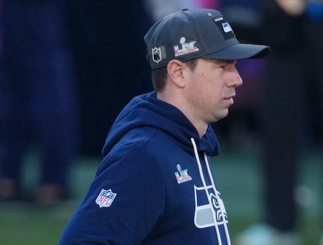 Feb 8, 2026; Santa Clara, CA, USA; Seattle Seahawks offensive coordinator Klint Kubiak on the field before playing against the New England Patriots in Super Bowl LX at Levi's Stadium. Mandatory Credit: Kirby Lee-Imagn Images Klint Kubiak, Raiders, Seahawks
